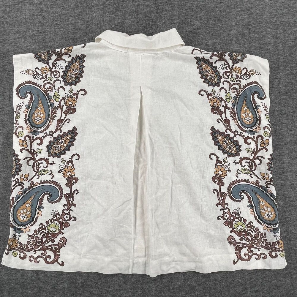Cleobella XS White Paisley Coastal Linen Blend Lagenlook Cropped Boho Blouse - Picture 6 of 13